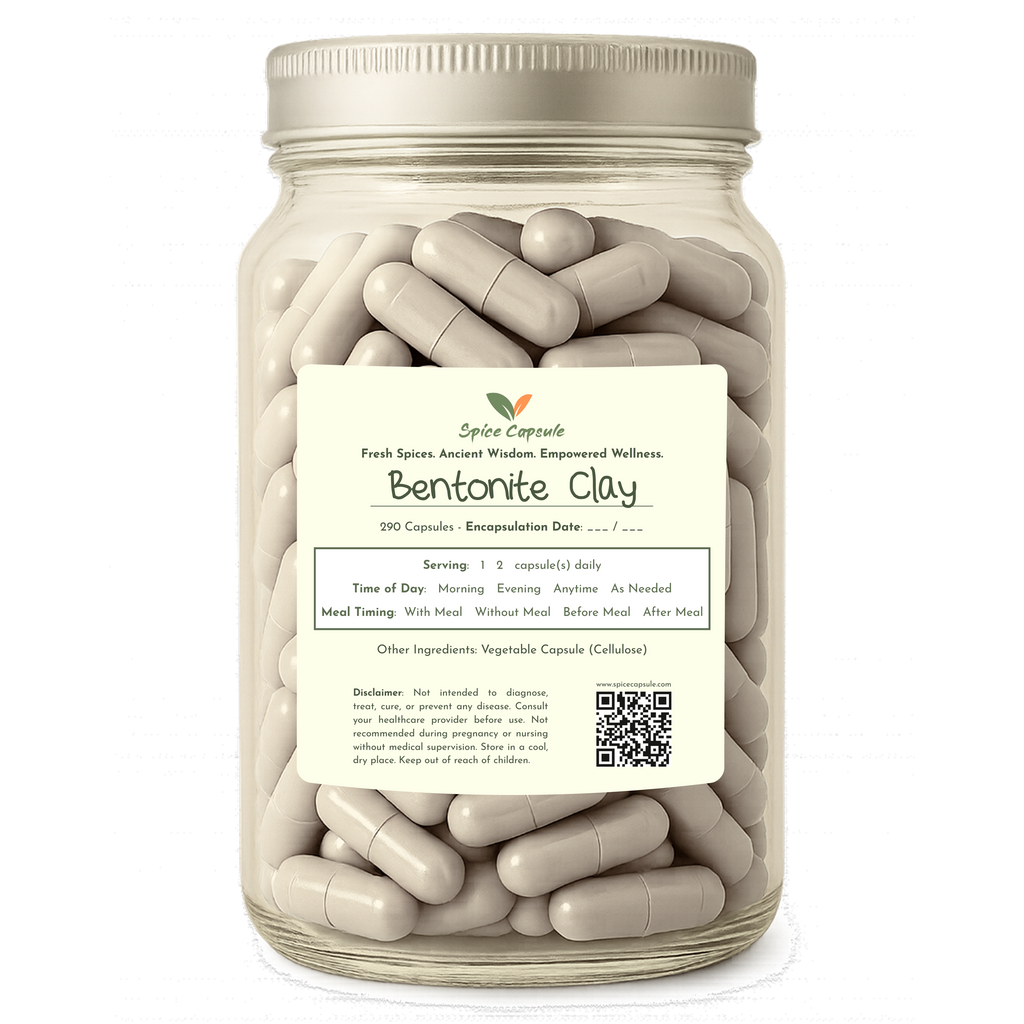 Jar of Bentonite Clay capsules with a label on a white background