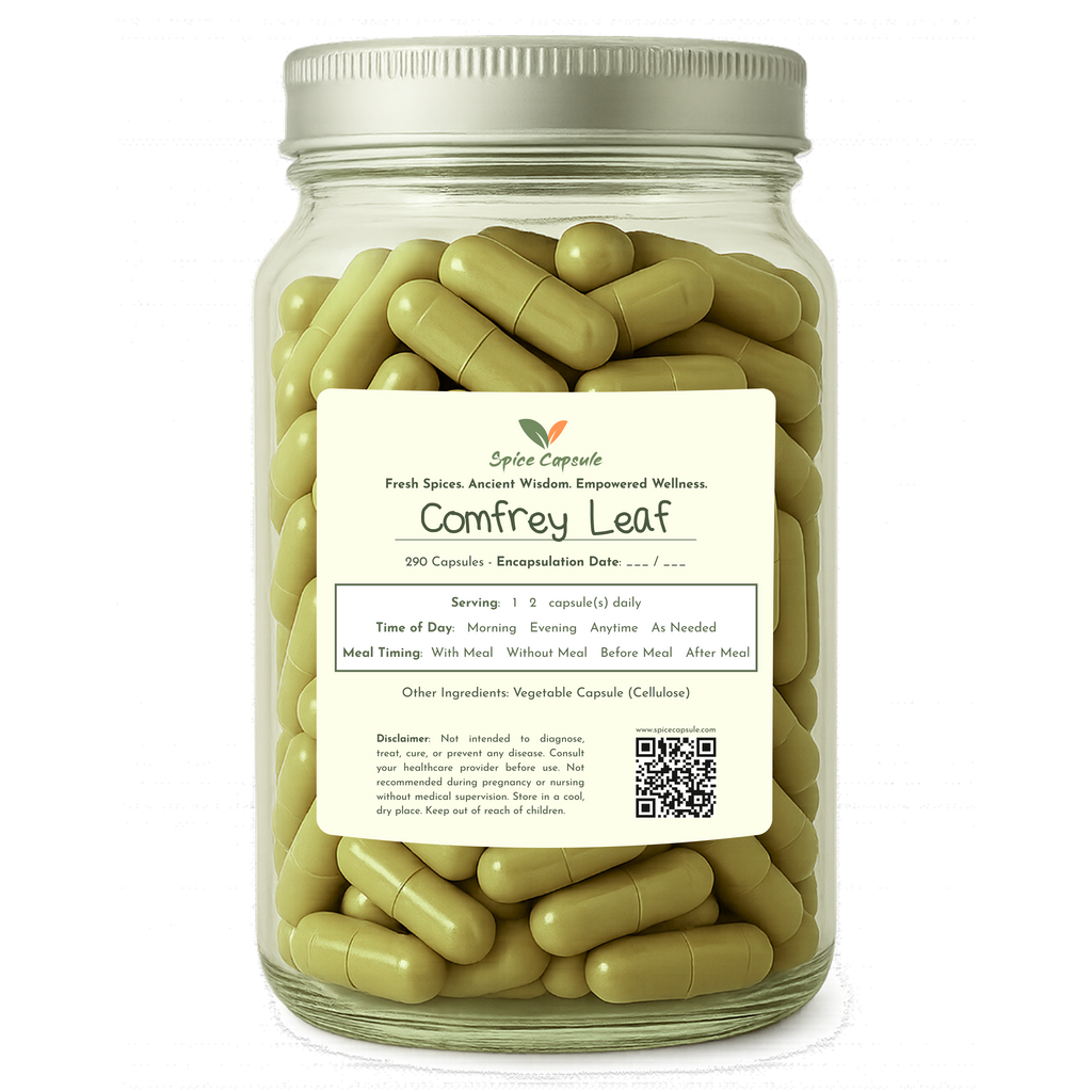 Jar of Comfrey Leaf capsules with a label on a white background