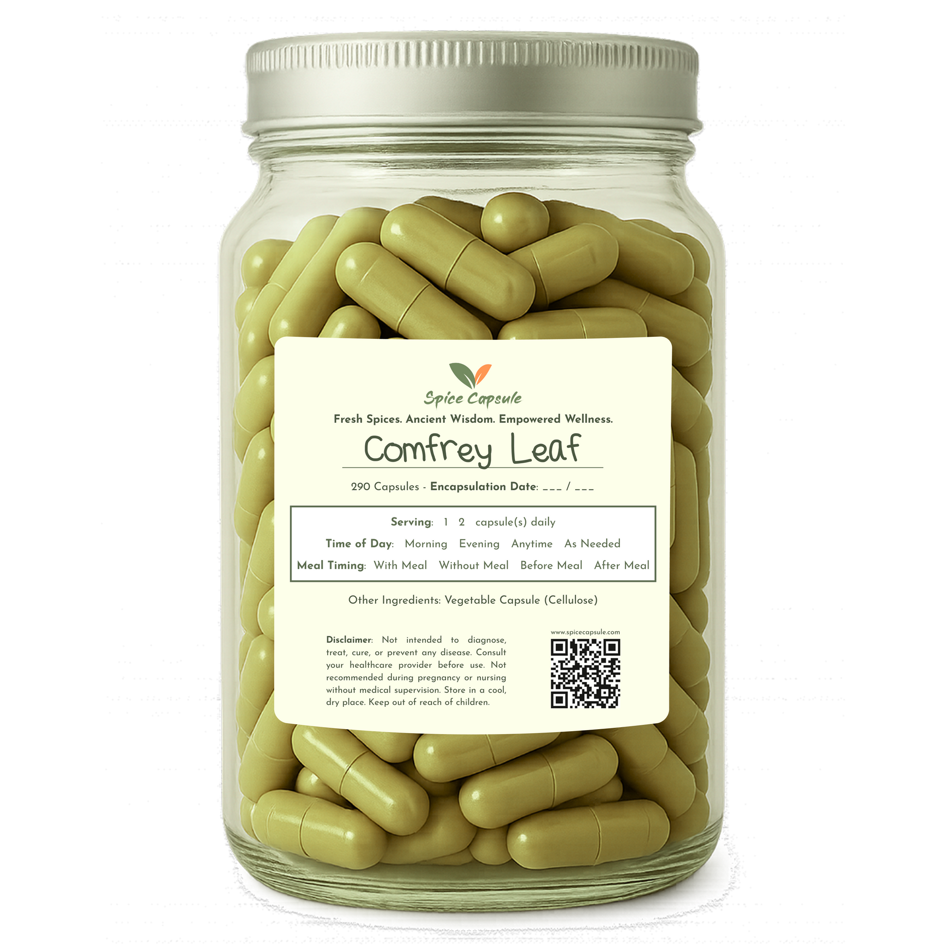 Jar of Comfrey Leaf capsules with a label on a white background